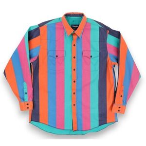 Vtg Wrangler XLong Tail Striped Multicolor Brushpopper Shirt Mens 17.5x36
